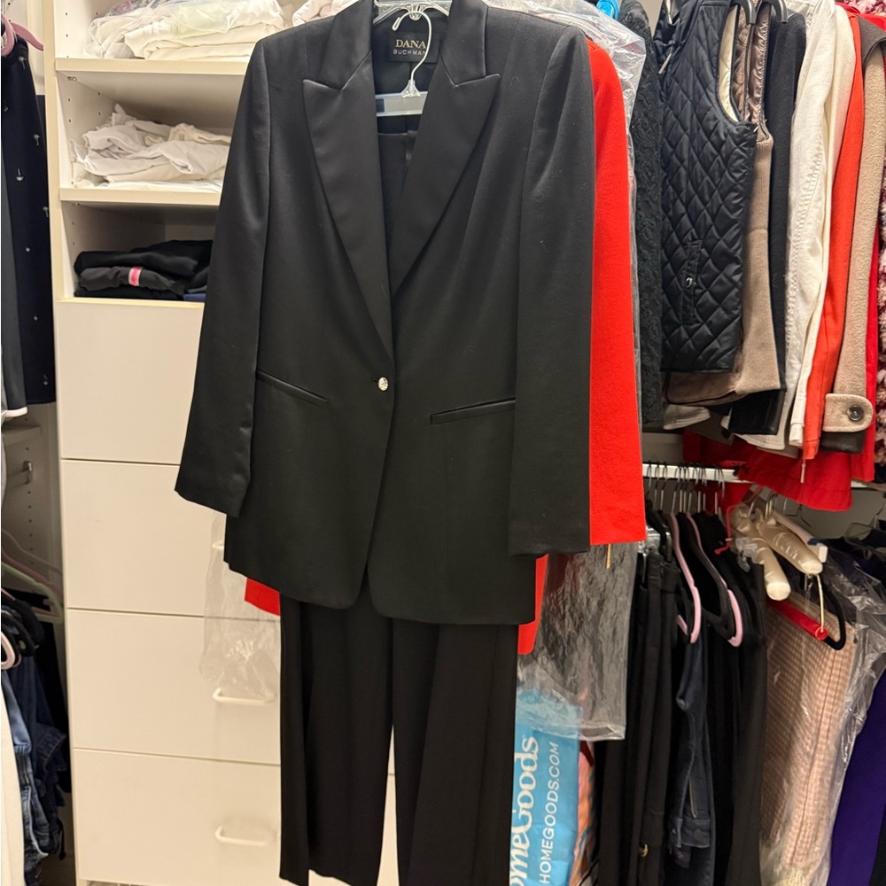 Dana Buchman Classic Black Pant Suit with Crystal Button